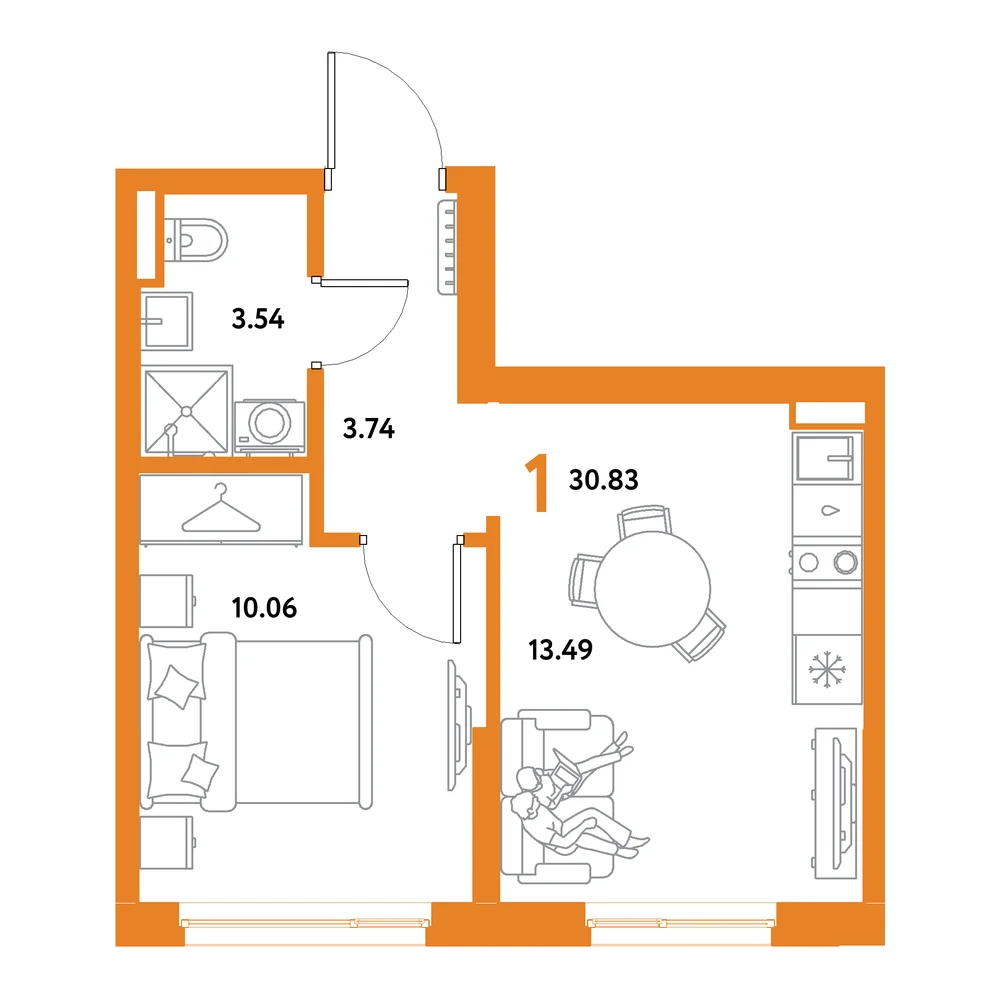 Планировка: Остров-сад 1-комнатная 30,83м²