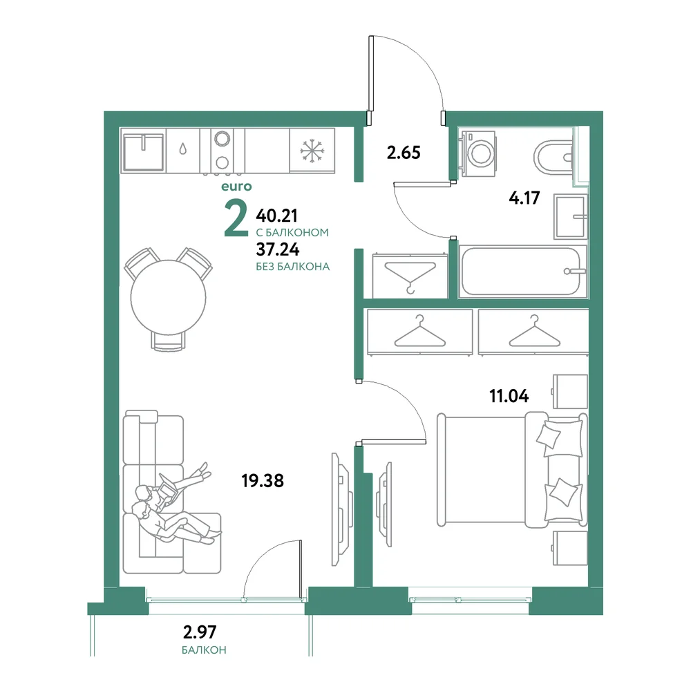 Планировка: Остров-сад 2-комнатная 40,21м²