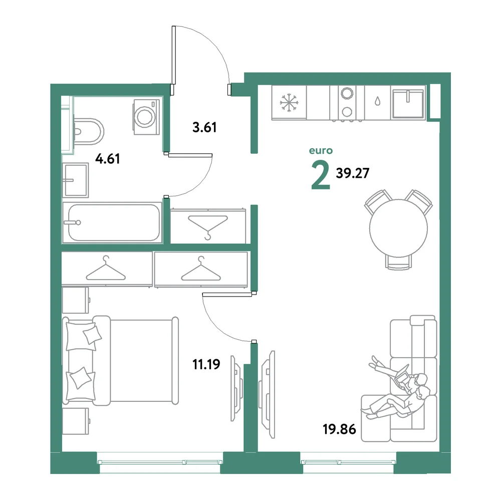 Планировка: Остров-сад 2-комнатная 39,27м²