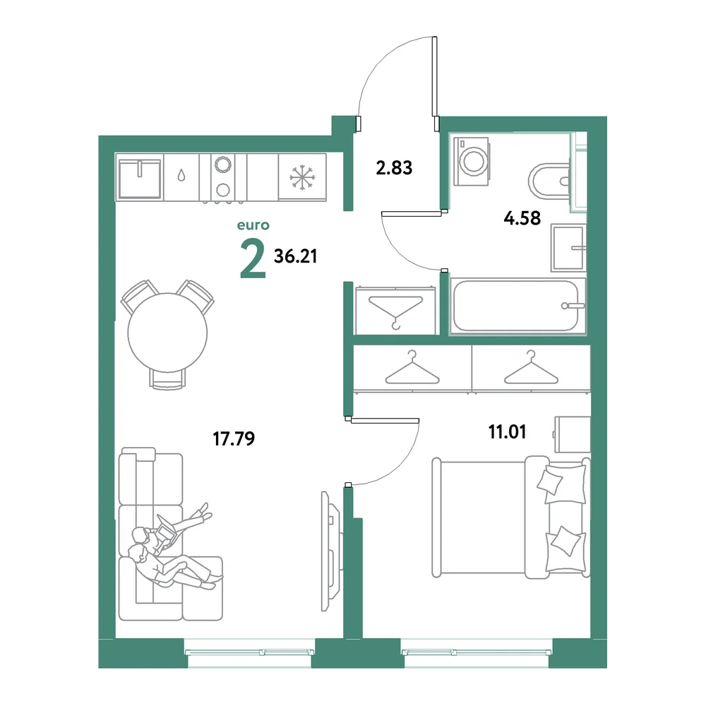 Планировка: Остров-сад 2-комнатная 36,21м²