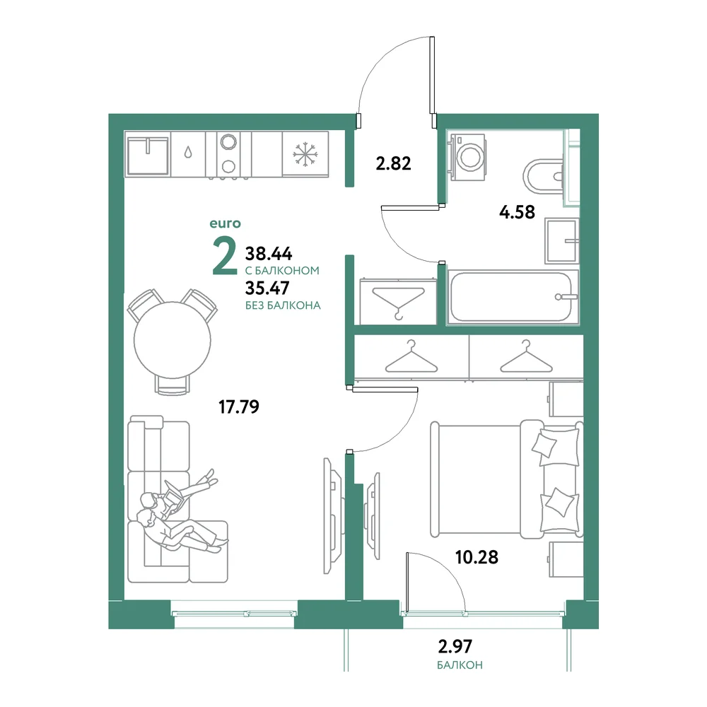 Планировка: Остров-сад 2-комнатная 38,44м²