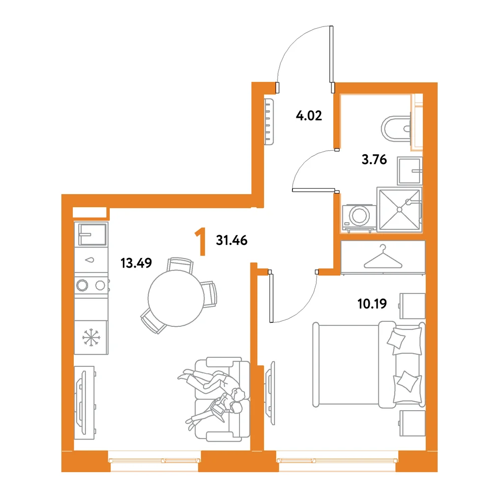 Планировка: Остров-сад 1-комнатная 31,46м²