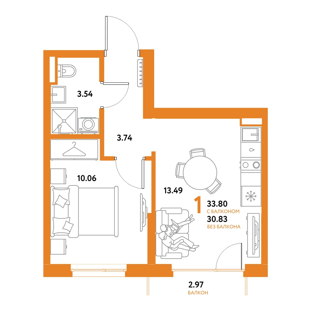 Планировка: Остров-сад 1-комнатная 33,80м²