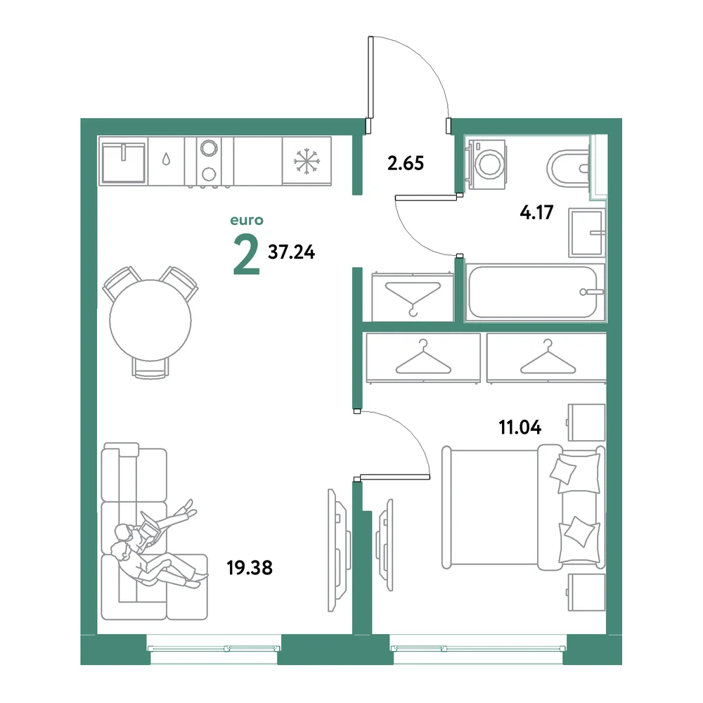Планировка: Остров-сад 2-комнатная 37,24м²