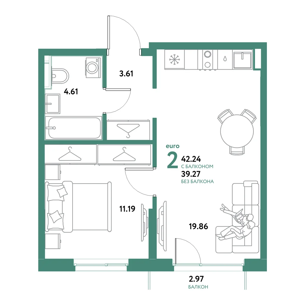 Планировка: Остров-сад 2-комнатная 42,24м²