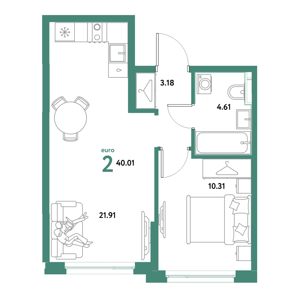 Планировка: Остров-сад 2-комнатная 40,01м²