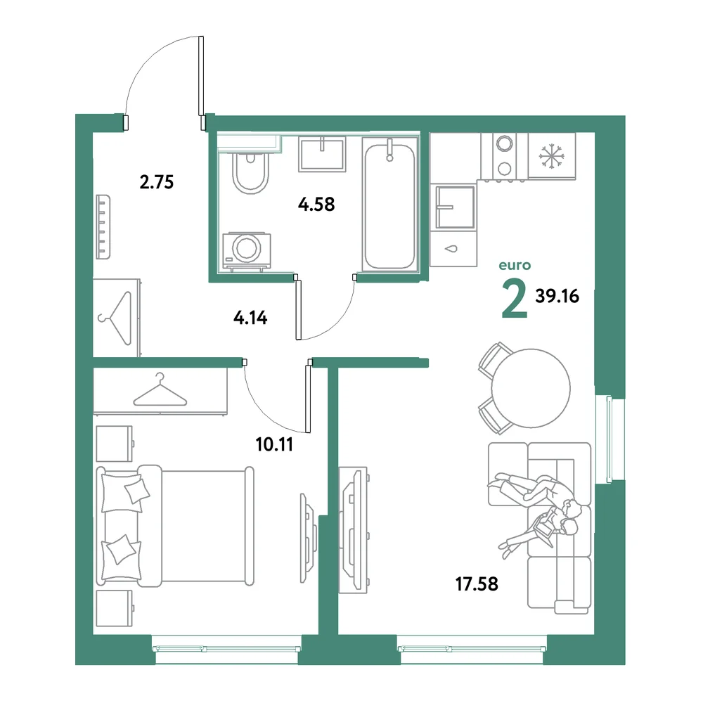 Планировка: Остров-сад 2-комнатная 39,16м²