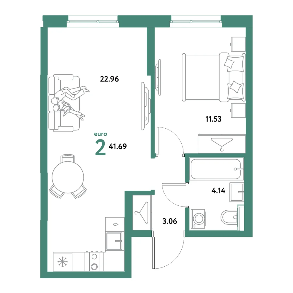 Планировка: Остров-сад 2-комнатная 41,69м²
