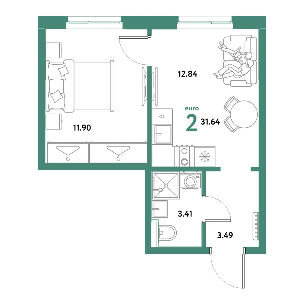 Планировка: Остров-сад 2-комнатная 31,64м²