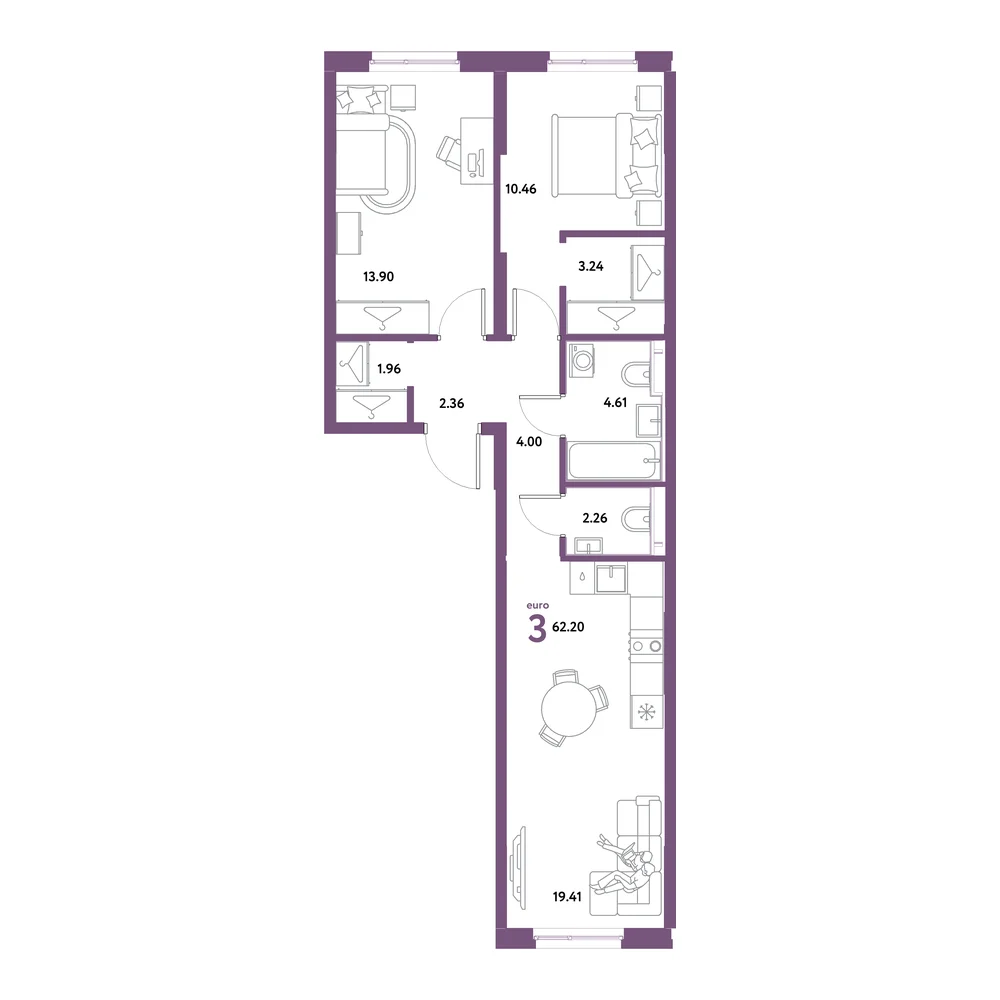 Планировка: Остров-сад 3-комнатная 62,20м²