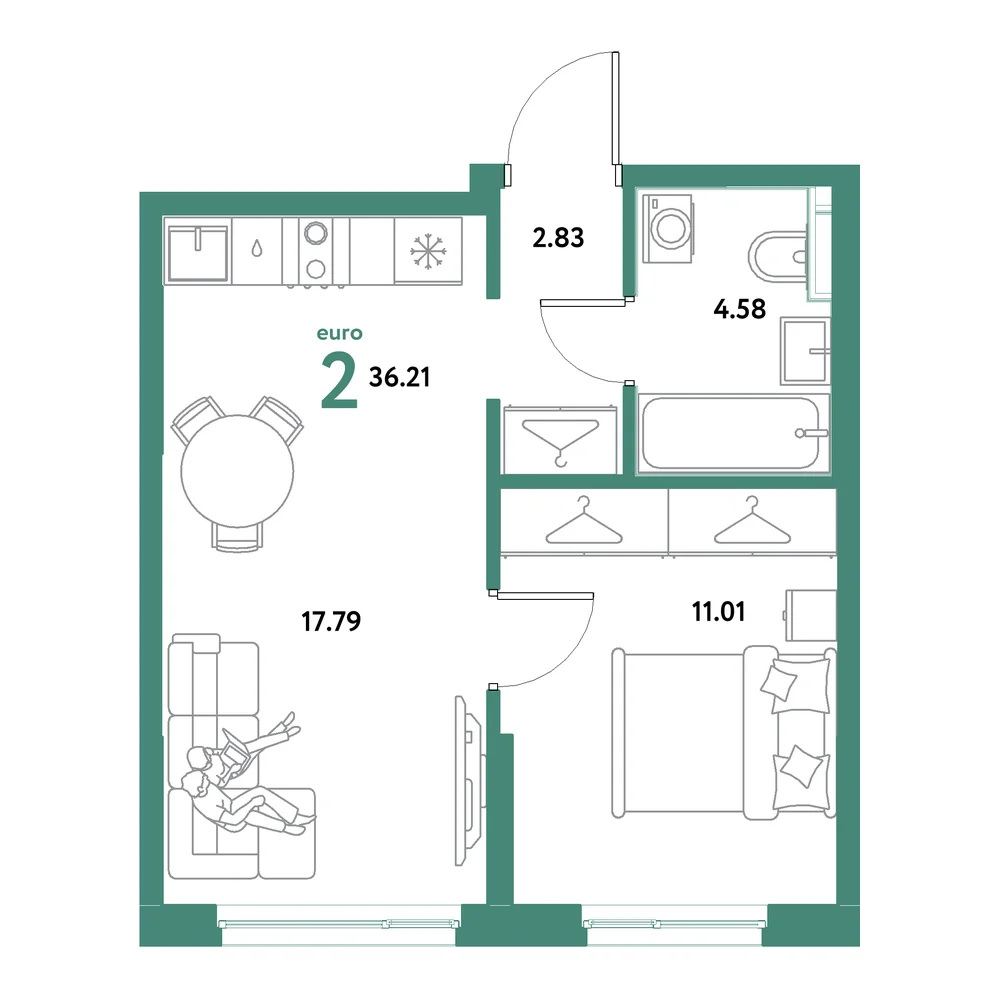 Планировка: Остров-сад 2-комнатная 36,21м²