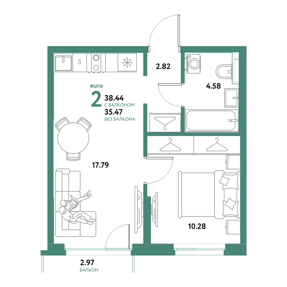 Планировка: Остров-сад 2-комнатная 38,44м²