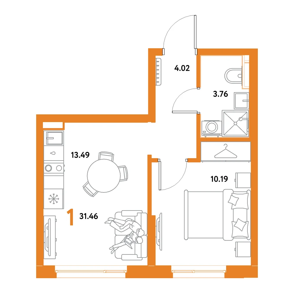 Планировка: Остров-сад 1-комнатная 31,46м²