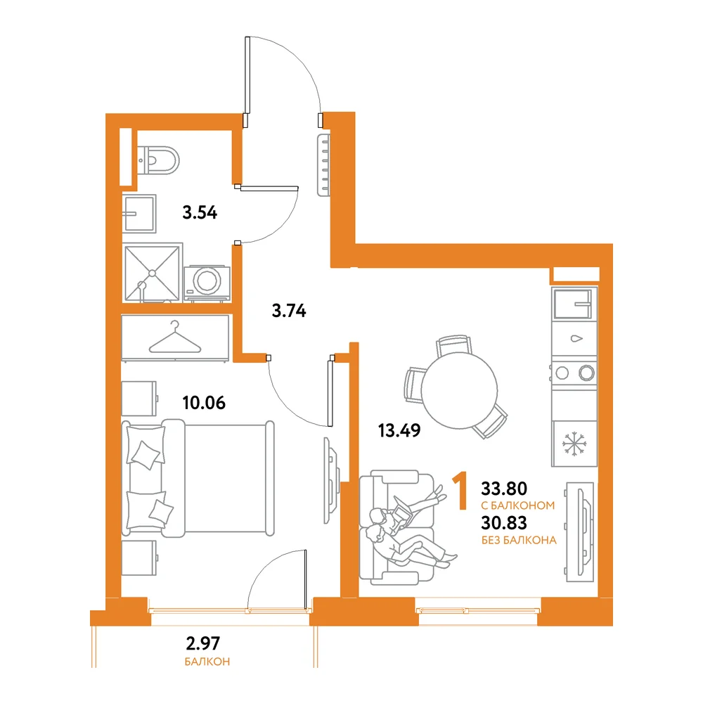 Планировка: Остров-сад 1-комнатная 33,80м²