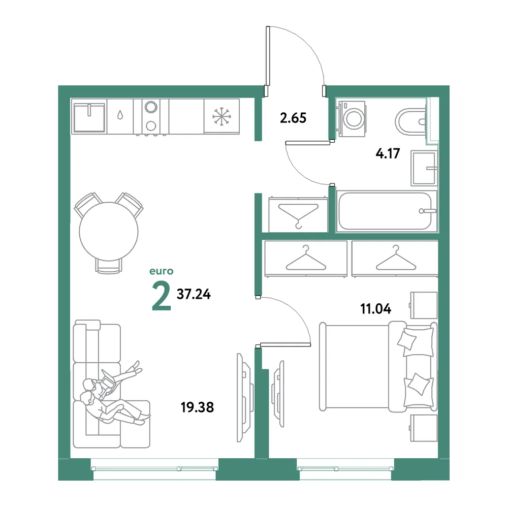 Планировка: Остров-сад 2-комнатная 37,24м²