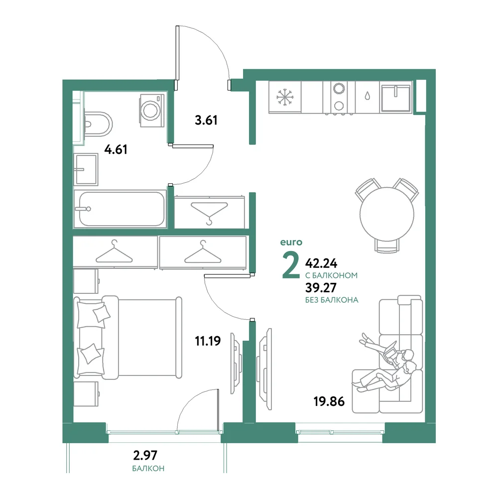 Планировка: Остров-сад 2-комнатная 42,24м²