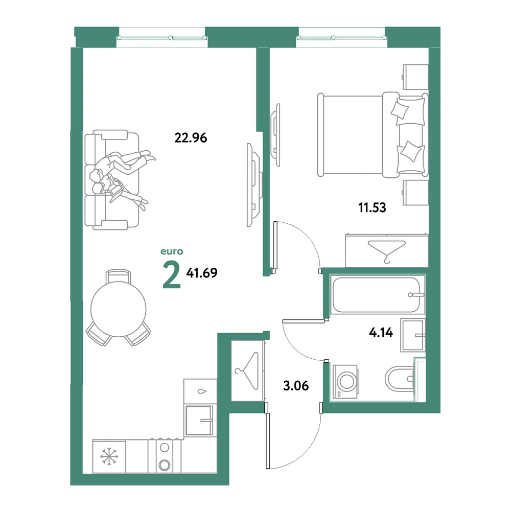 Планировка: Остров-сад 2-комнатная 41,69м²