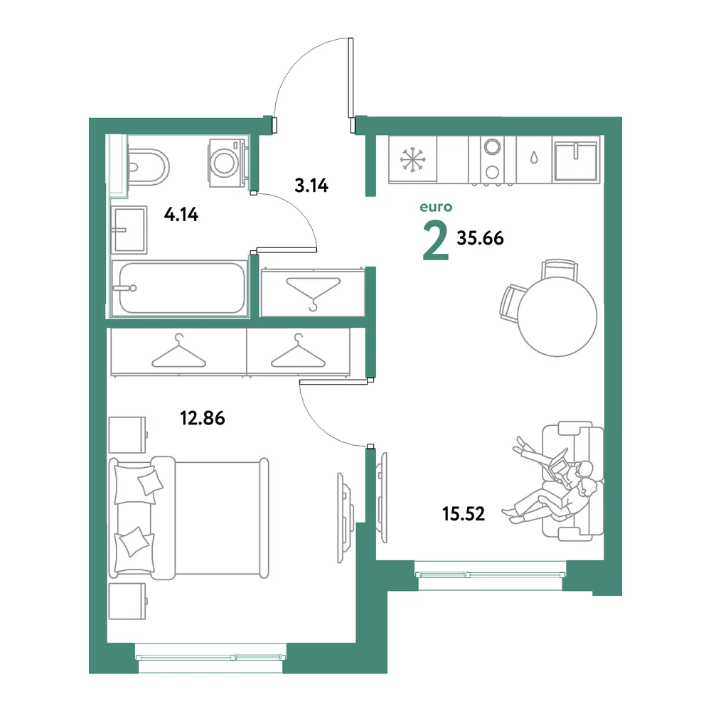 Планировка: Остров-сад 2-комнатная 35,66м²