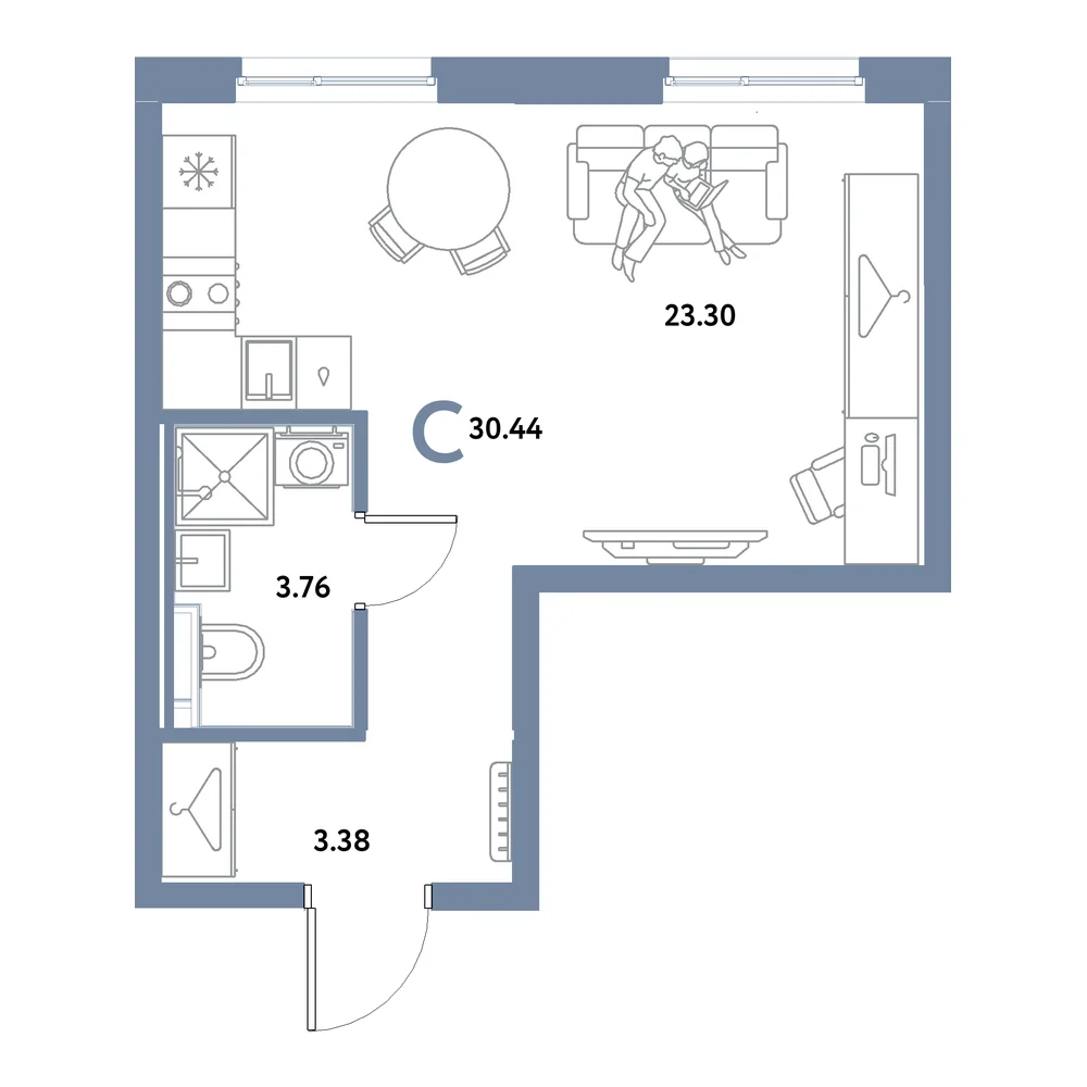 Планировка: Остров-сад Студия 30,44м²
