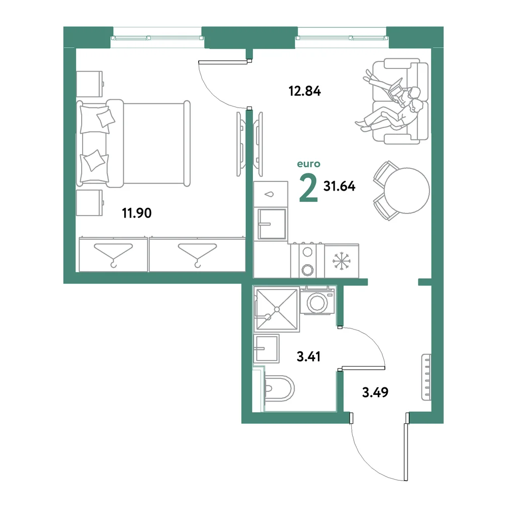 Планировка: Остров-сад 2-комнатная 31,64м²