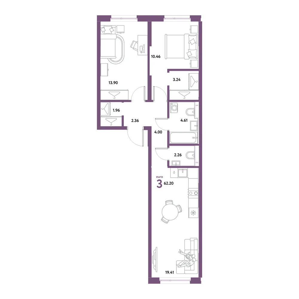 Планировка: Остров-сад 3-комнатная 62,20м²