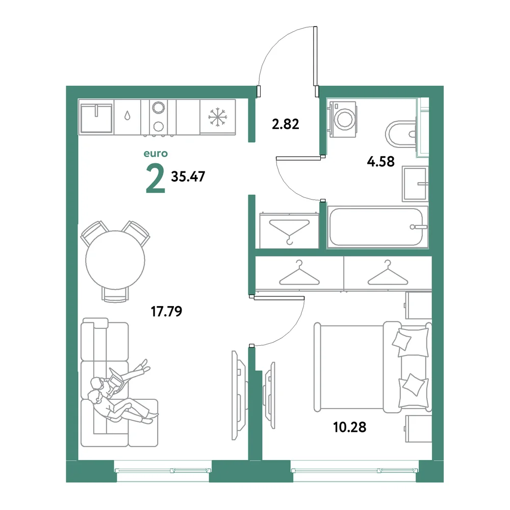 Планировка: Остров-сад 2-комнатная 35,47м²