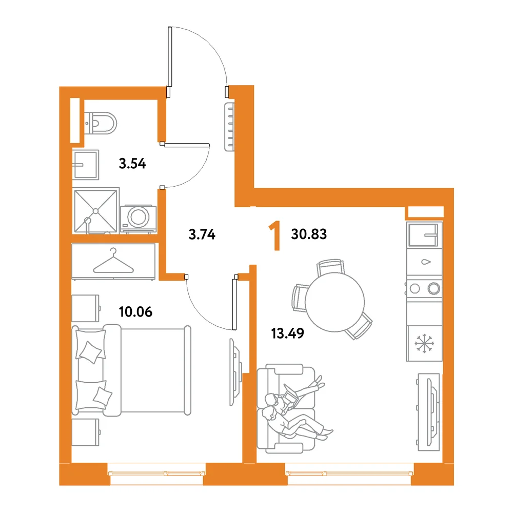 Планировка: Остров-сад 1-комнатная 30,83м²