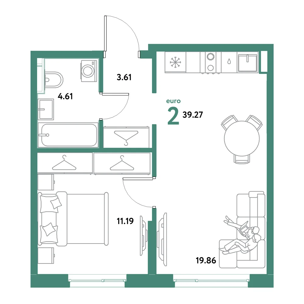 Планировка: Остров-сад 2-комнатная 39,27м²