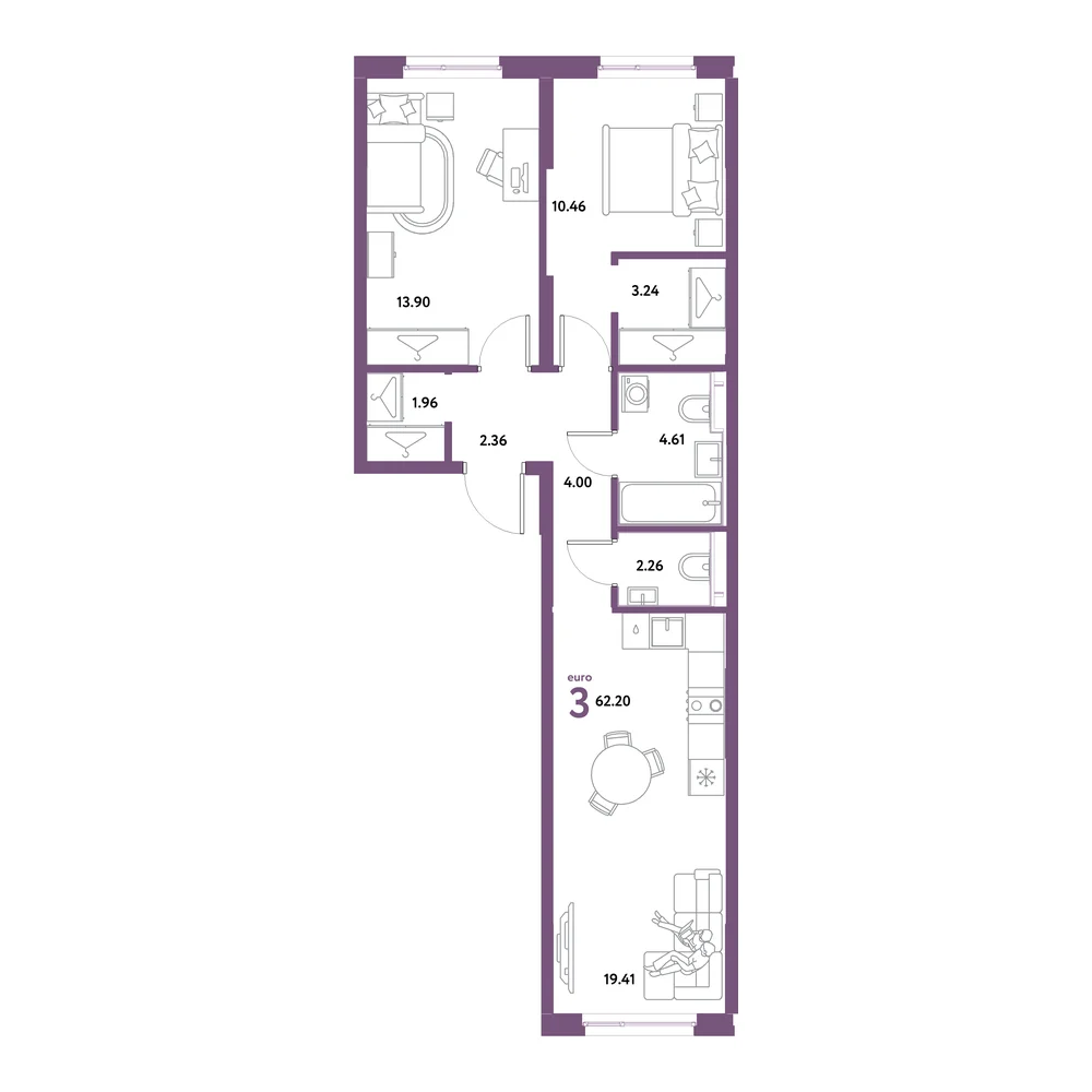 Планировка: Остров-сад 3-комнатная 62,20м²