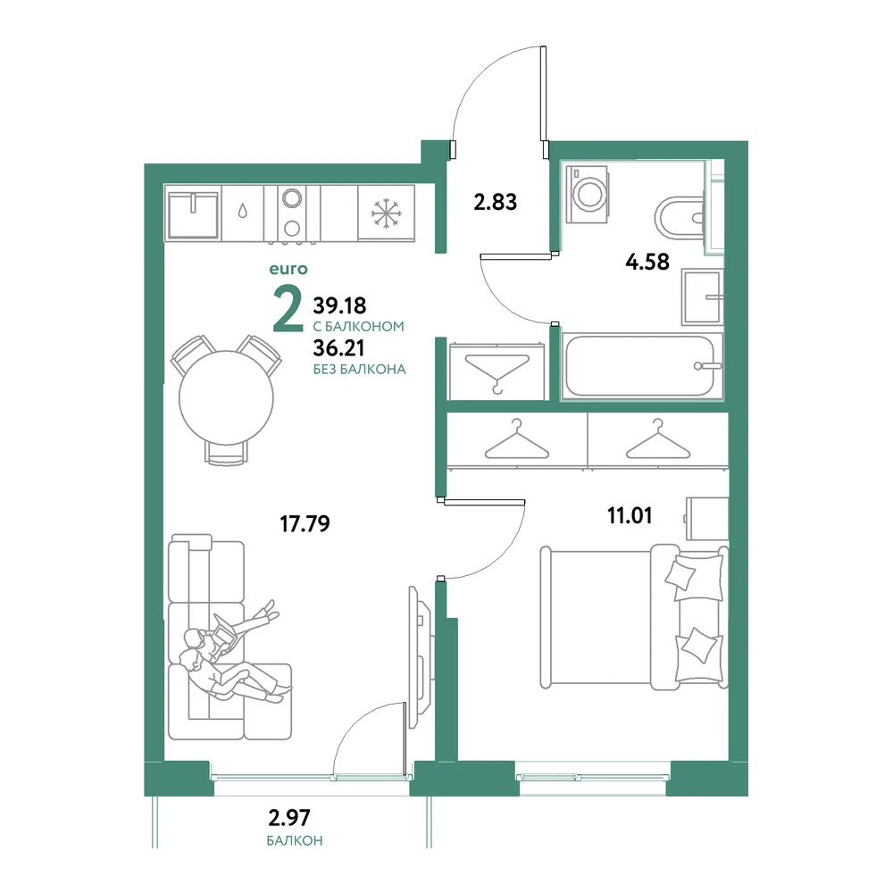 Планировка: Остров-сад 2-комнатная 39,18м²