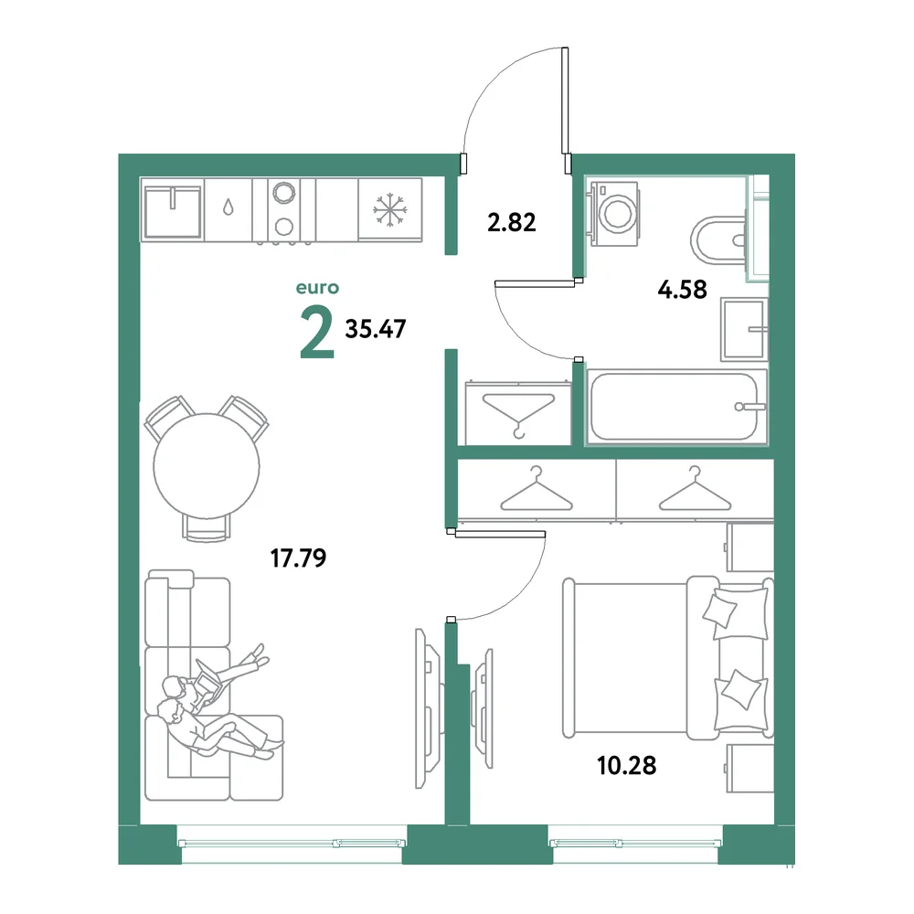 Планировка: Остров-сад 2-комнатная 35,47м²