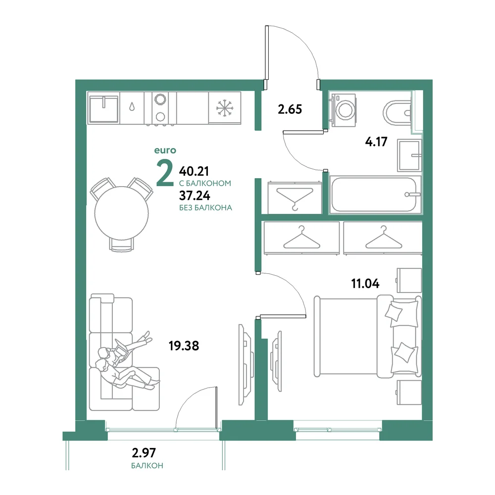 Планировка: Остров-сад 2-комнатная 40,21м²