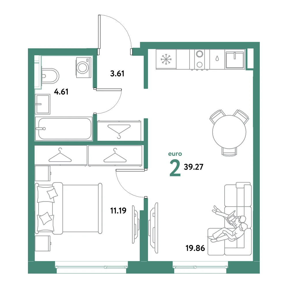 Планировка: Остров-сад 2-комнатная 39,27м²