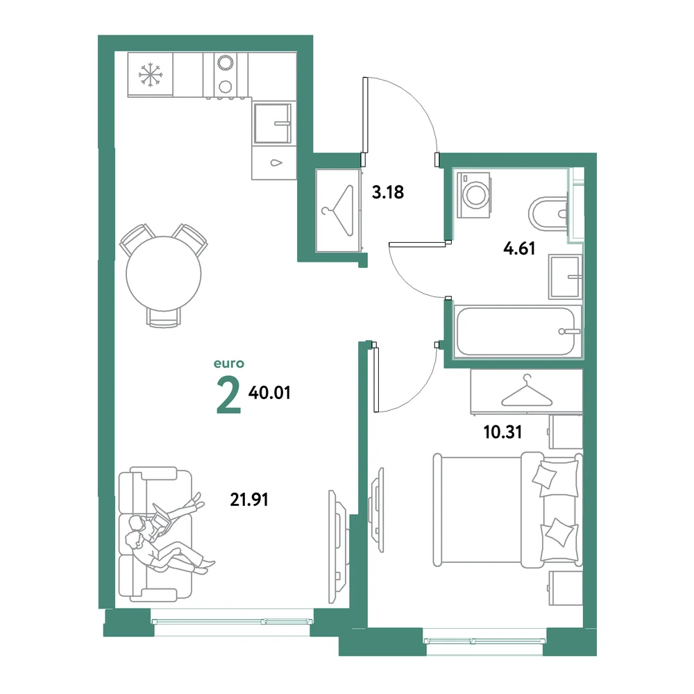 Планировка: Остров-сад 2-комнатная 40,01м²