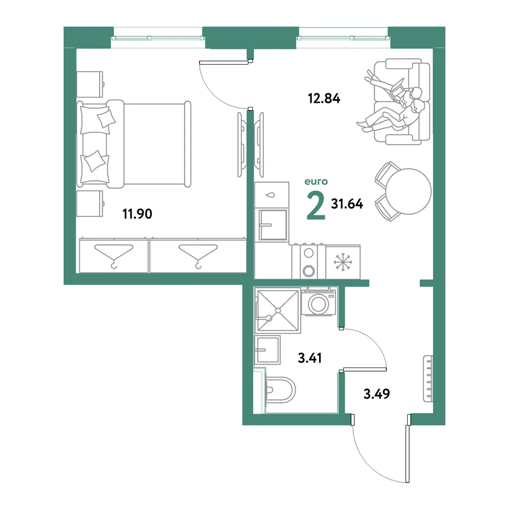 Планировка: Остров-сад 2-комнатная 31,64м²