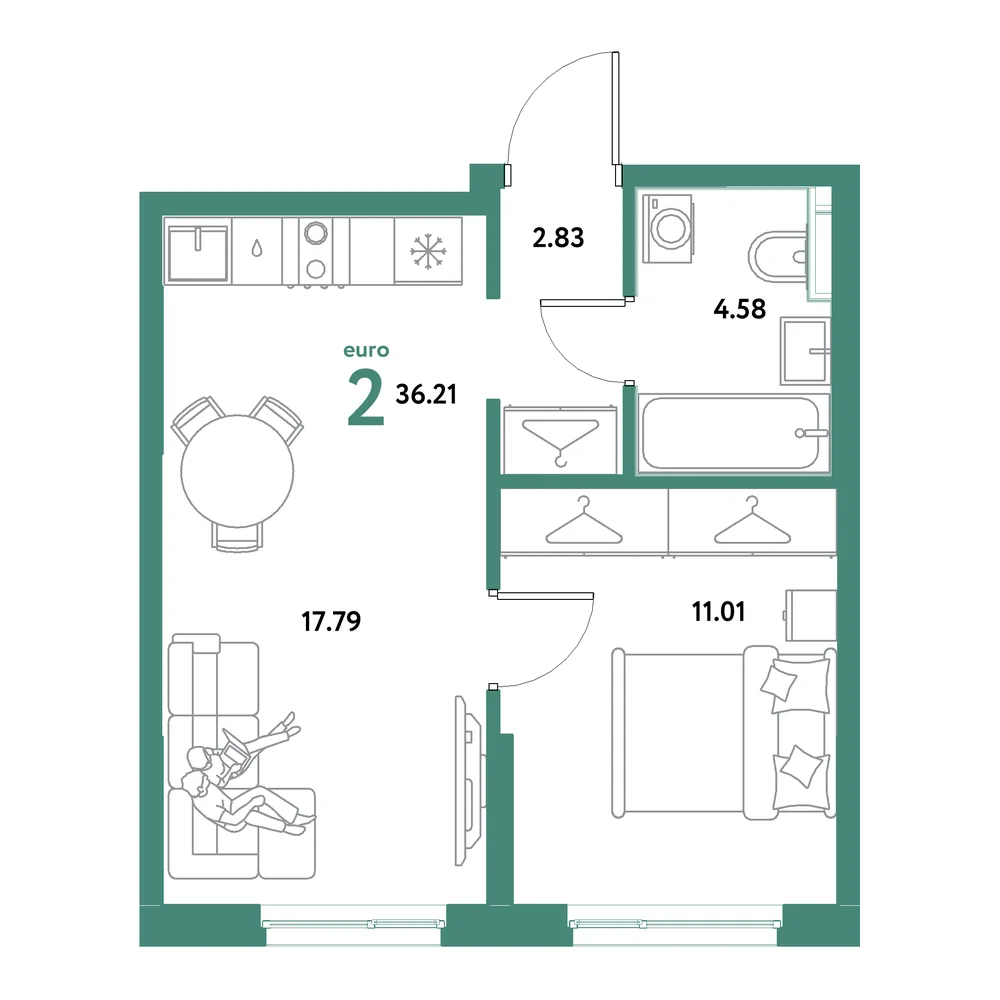Планировка: Остров-сад 2-комнатная 36,21м²