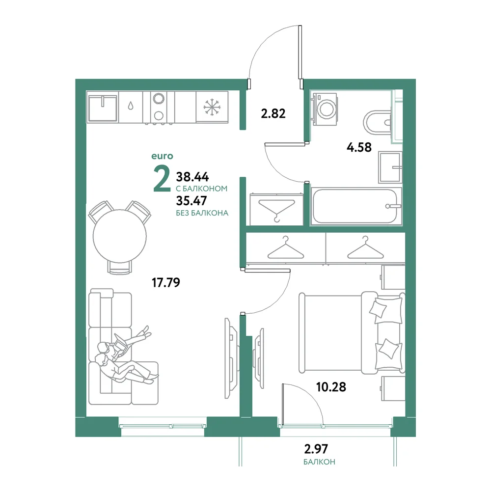 Планировка: Остров-сад 2-комнатная 38,44м²