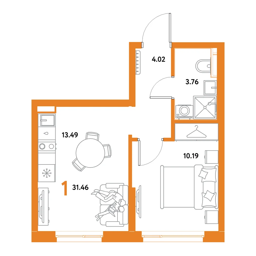 Планировка: Остров-сад 1-комнатная 31,46м²