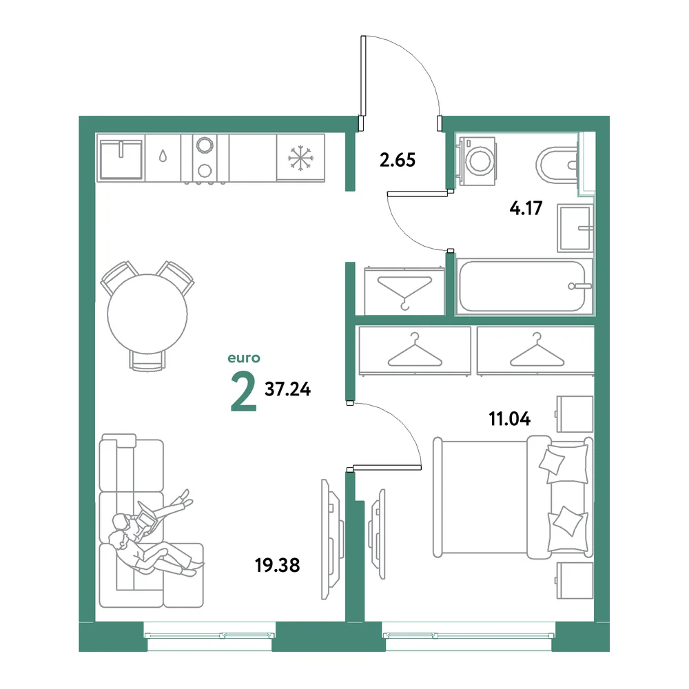 Планировка: Остров-сад 2-комнатная 37,24м²