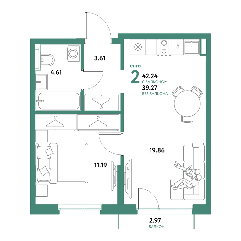 Планировка: Остров-сад 2-комнатная 42,24м²