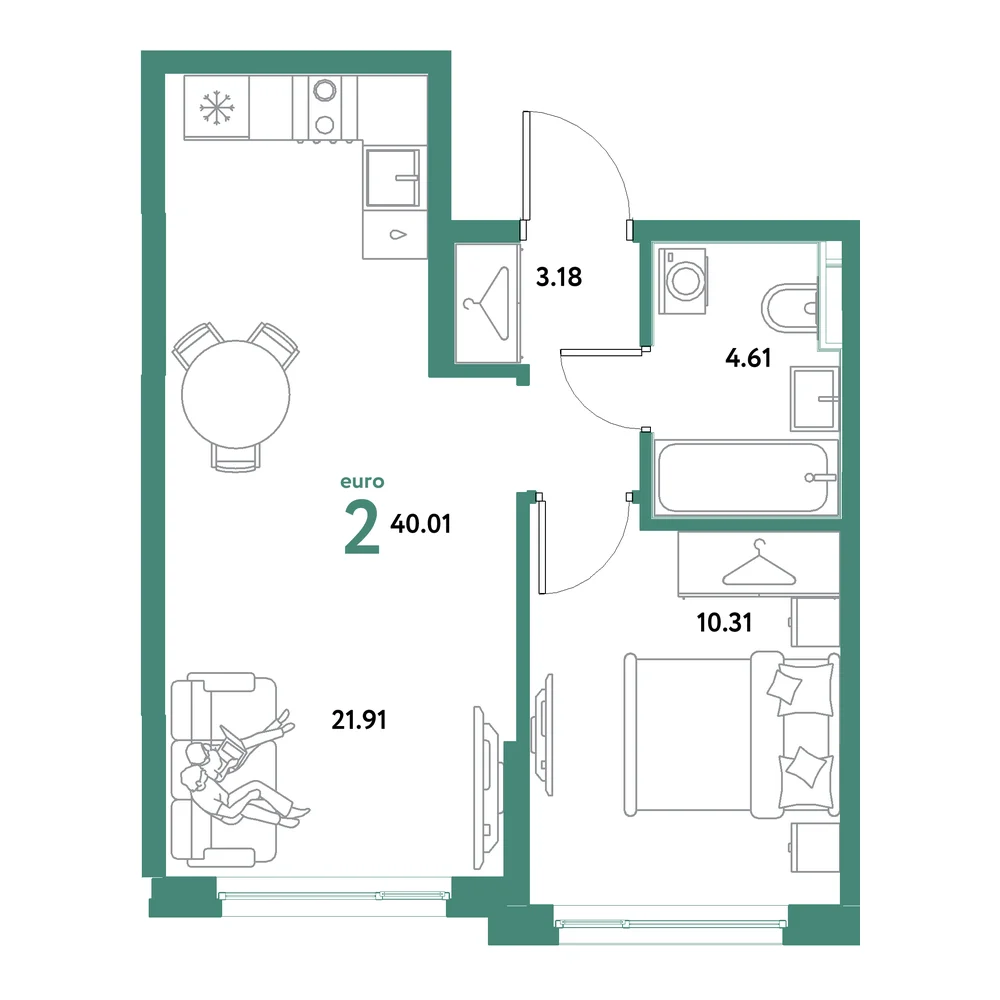 Планировка: Остров-сад 2-комнатная 40,01м²