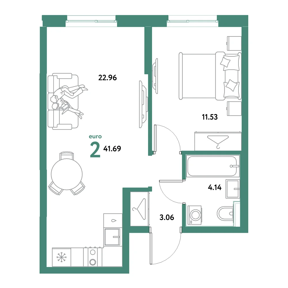 Планировка: Остров-сад 2-комнатная 41,69м²