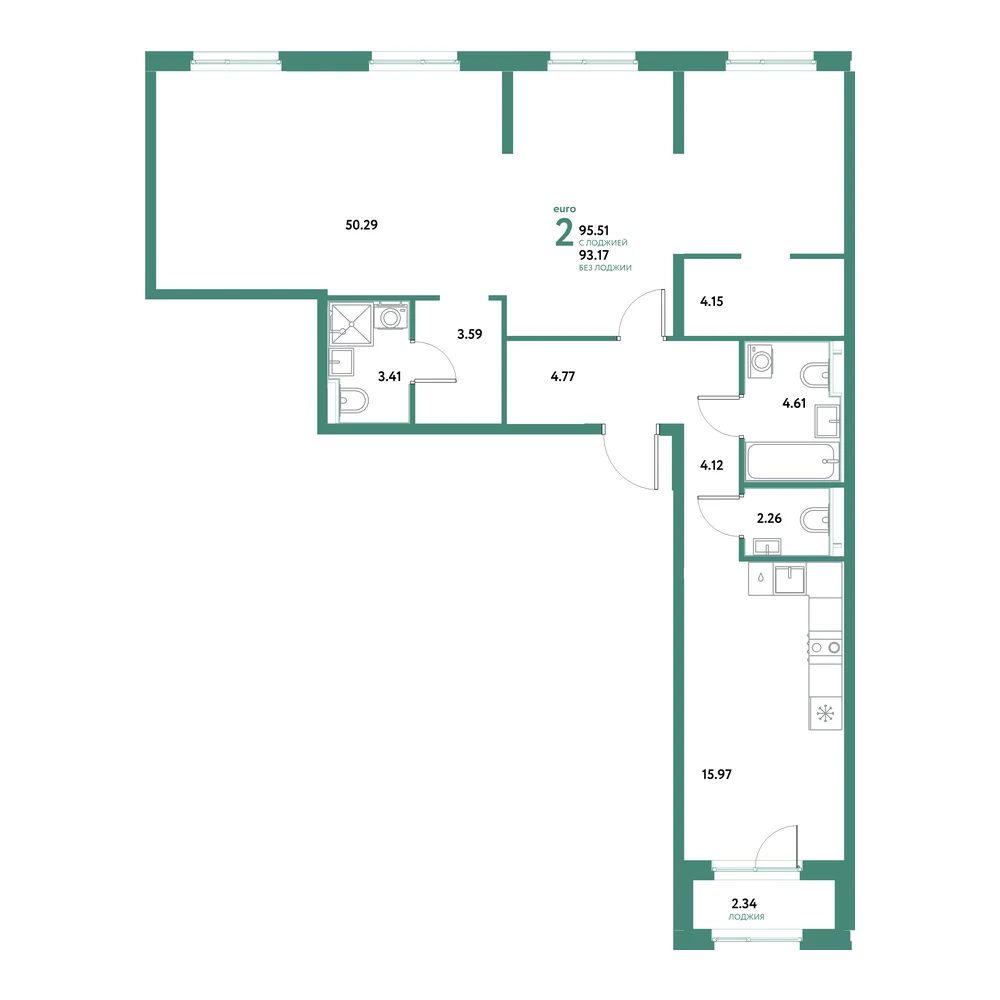 Планировка: Остров-сад 2-комнатная 95,51м²