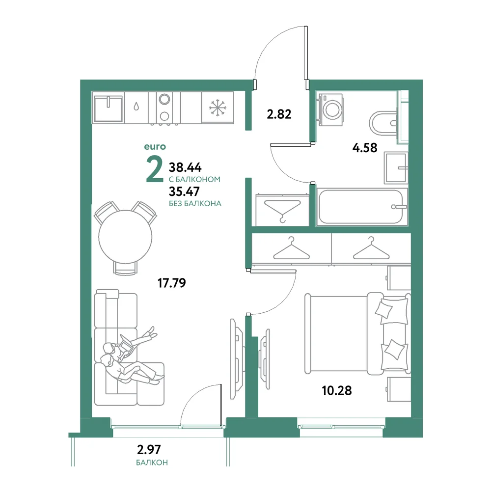 Планировка: Остров-сад 2-комнатная 38,44м²