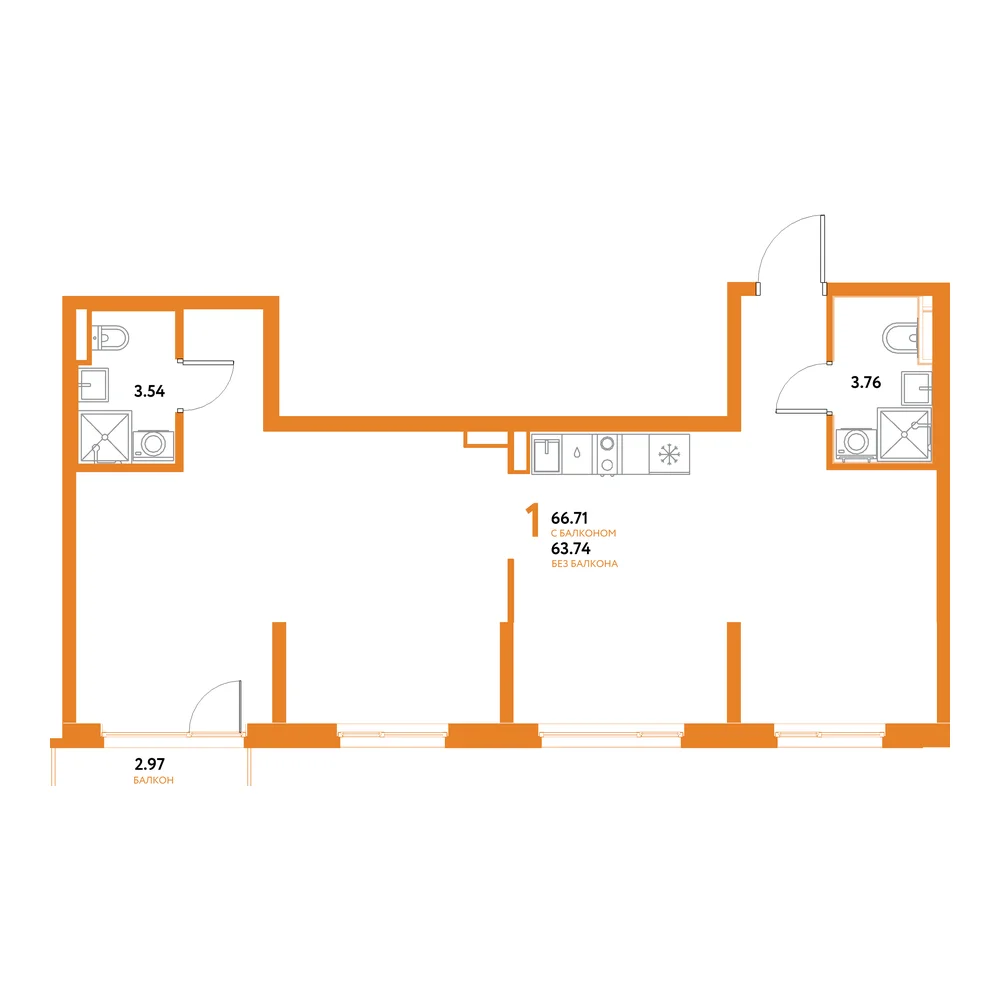 Планировка: Остров-сад 1-комнатная 66,71м²