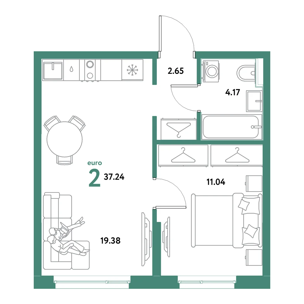 Планировка: Остров-сад 2-комнатная 37,24м²