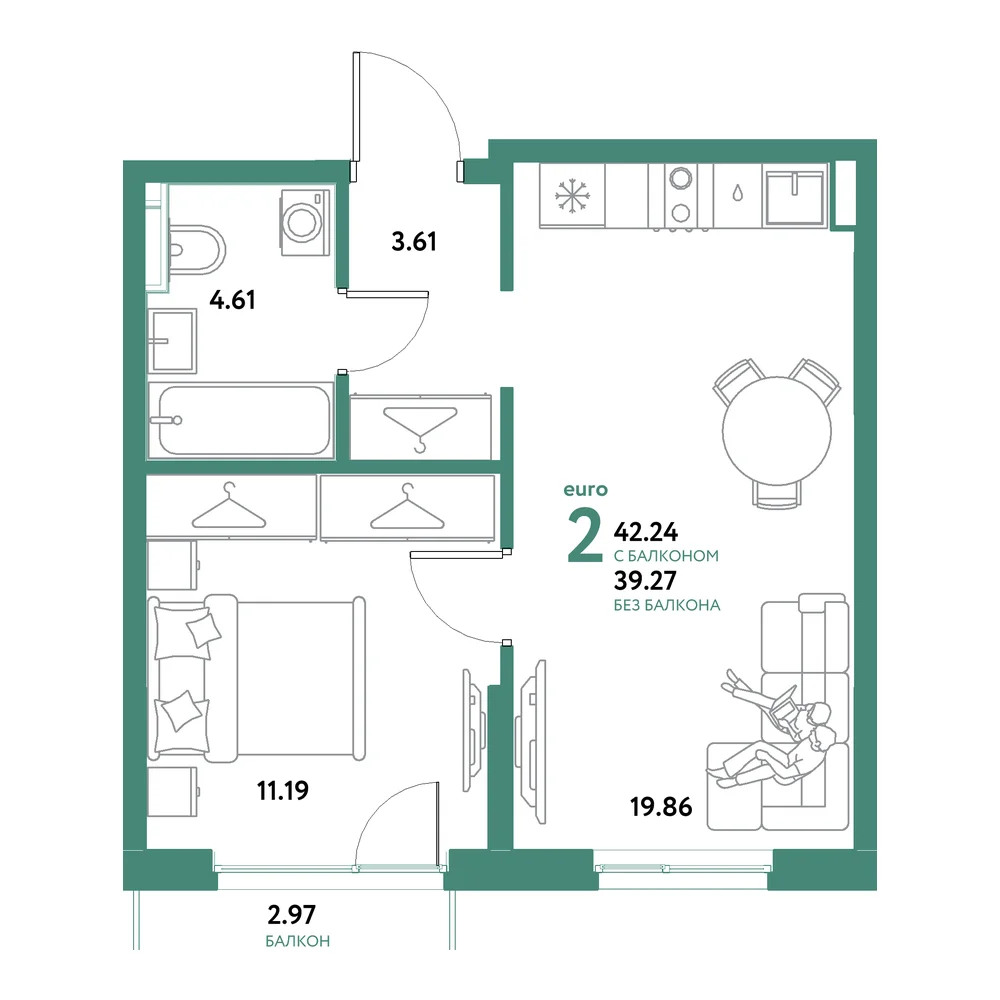 Планировка: Остров-сад 2-комнатная 42,24м²