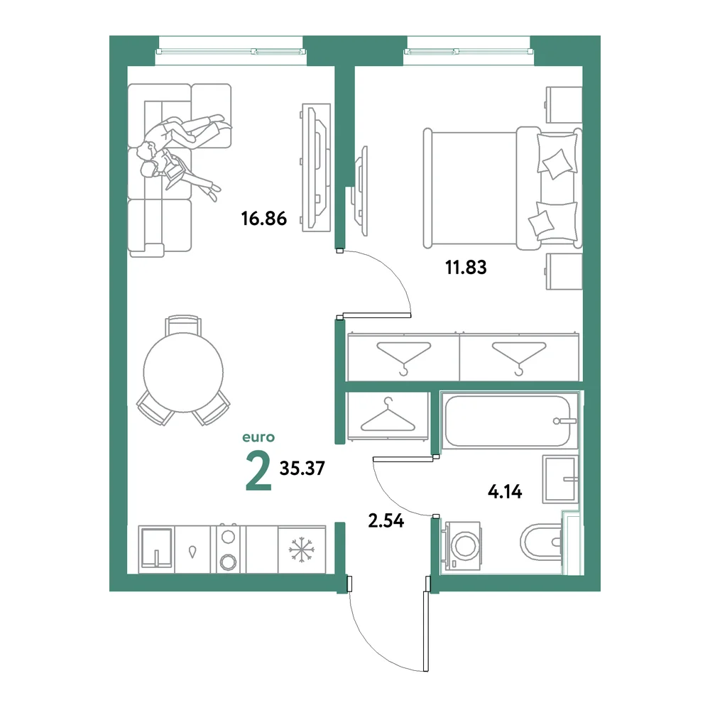 Планировка: Остров-сад 2-комнатная 35,37м²