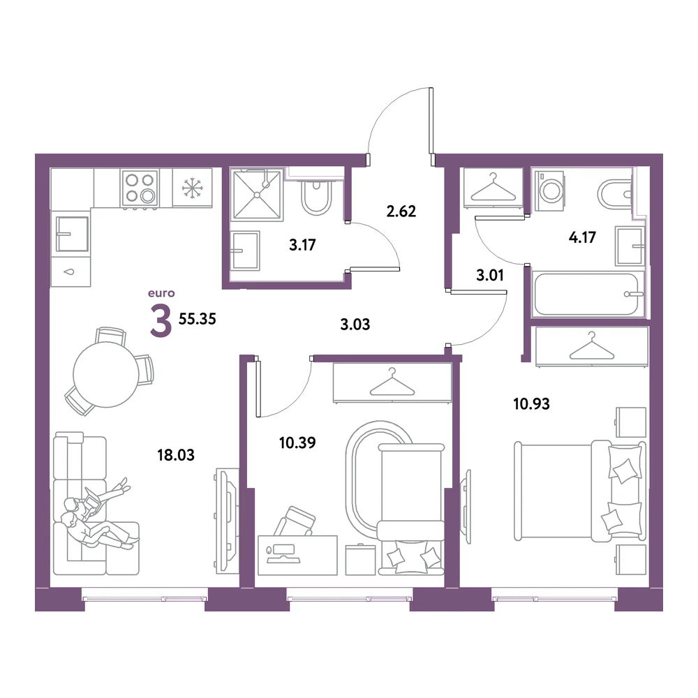 Планировка: Остров-сад 3-комнатная 55,35м²