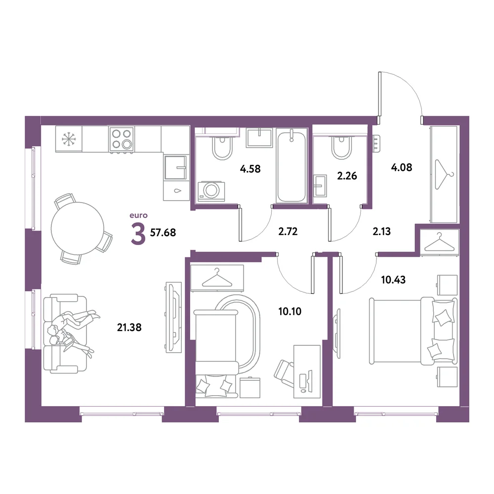 Планировка: Остров-сад 3-комнатная 57,68м²
